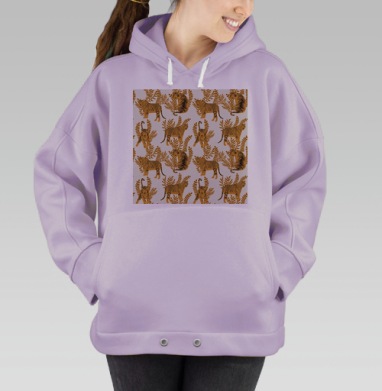 Рыжие тигры на кремовом фоне с коричневыми листьями, Hoodie Oversize Fiolet