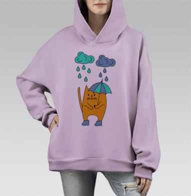 Рыжий кот с зонтом в сапогах под дождем, Hoodie Mono Fiolet, оверсайз, утепленная