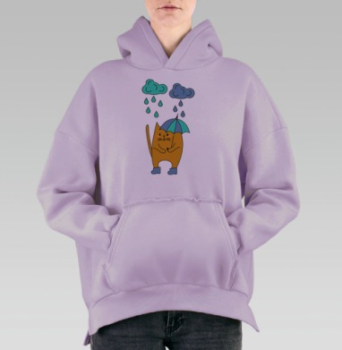 Рыжий кот с зонтом в сапогах под дождем, Hoodie Oversize Fiolet, утепленная