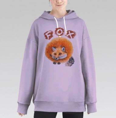 Рыжий пушистый лис с надписью FOX акварелью уютный дизайн, Hoodie Long Oversize Fiolet