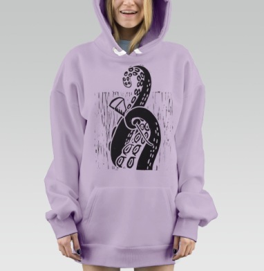 Щупальце осьминога с штихелем в стиле линогравюры на белом фоне, Hoodie Mjhigh Dig Mel, Fiolet, утепленная