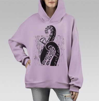 Щупальце осьминога с штихелем в стиле линогравюры на белом фоне, Hoodie Mono Fiolet, оверсайз, утепленная