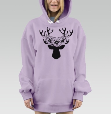 Силуэт оленя с цветами фиалками в рогах эффектная композиция, Hoodie Mjhigh Dig Mel, Fiolet, утепленная