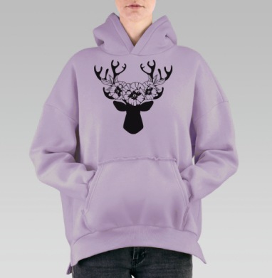Силуэт оленя с цветами фиалками в рогах эффектная композиция, Hoodie Oversize Fiolet, утепленная
