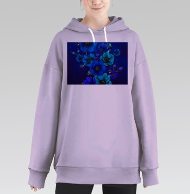 Синие цветы на темном фоне для яркости и загадочности, Hoodie Long Oversize Fiolet