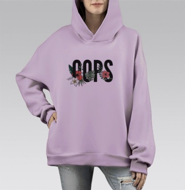 Слово Ой с красными цветами и зелеными листьями, Hoodie Mono Fiolet, оверсайз, утепленная
