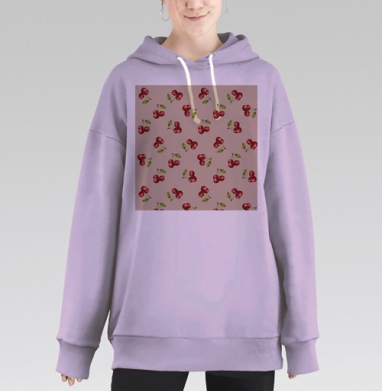Сочные красные вишни с зелеными листьями на светлом фоне, Hoodie Long Oversize Fiolet