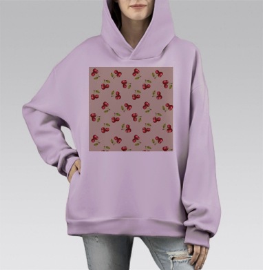 Сочные красные вишни с зелеными листьями на светлом фоне, Hoodie Mono Fiolet, оверсайз, утепленная