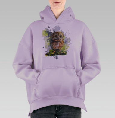 Сова с большими глазами на ветке навстречу взгляду, Hoodie Oversize Fiolet, утепленная