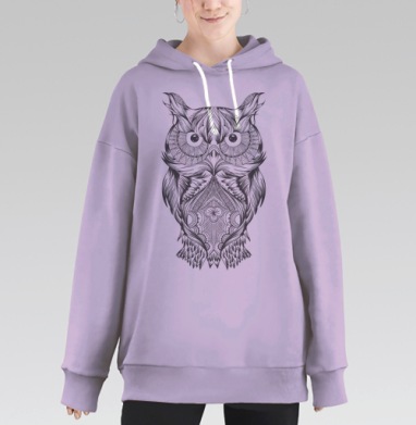 Сова с узорами черно белая загадка мудрости, Hoodie Long Oversize Fiolet