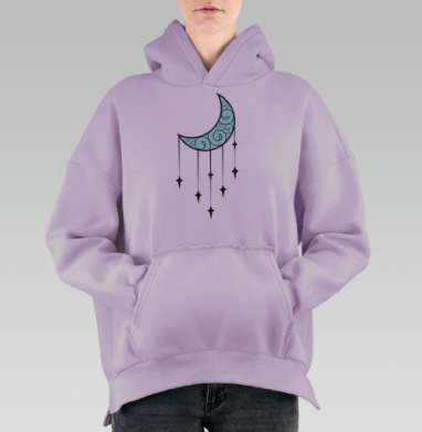 Светло голубая луна с черными звездами на сером фоне, Hoodie Oversize Fiolet, утепленная