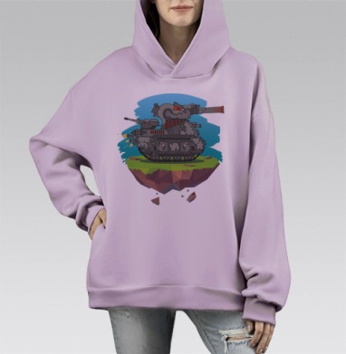 Свирепый боевой монстр танк атакует цель на летающем острове, Hoodie Mono Fiolet, оверсайз, утепленная