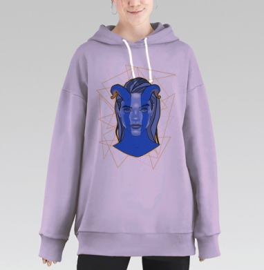 Таинственная Женщина С Рогами В Синих Тонах, Hoodie Long Oversize Fiolet