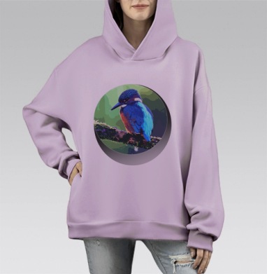 Тропическая птица на ветке, Hoodie Mono Fiolet, оверсайз, утепленная