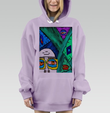 Усталый взгляд сквозь яркие порталы на фоне зеленого и синего, Hoodie Mjhigh Dig Mel, Fiolet, утепленная