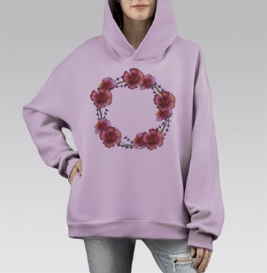 Венок из бордовых цветов мальвы вечная красота природы, Hoodie Mono Fiolet, оверсайз, утепленная