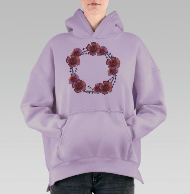 Венок из бордовых цветов мальвы вечная красота природы, Hoodie Oversize Fiolet, утепленная