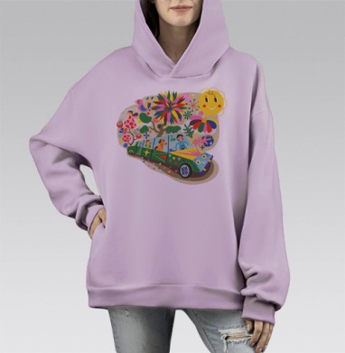 Яркая иллюстрация Автопутешествие с собакой, Hoodie Mono Fiolet, оверсайз, утепленная