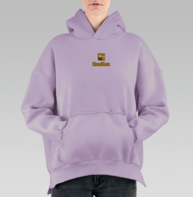 Весёлый жёлтый персонаж с дерзкой улыбкой на чёрном фоне RANZAR, Hoodie Oversize Fiolet, утепленная