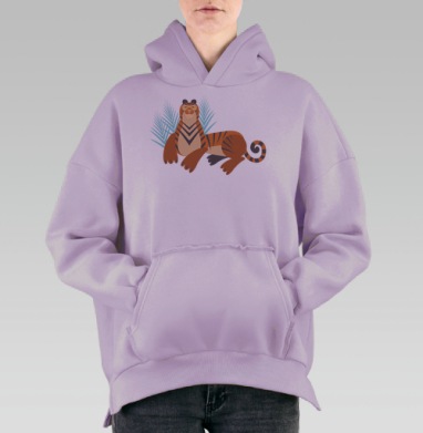 Веселый оранжевый тигр лежит в траве спокойно, Hoodie Oversize Fiolet, утепленная
