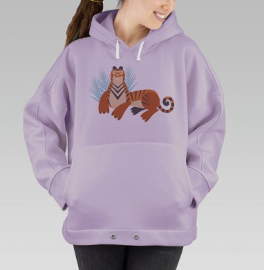 Веселый оранжевый тигр лежит в траве спокойно, Hoodie Oversize Fiolet