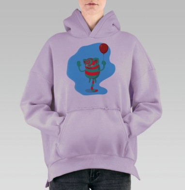 Веселый полосатый кот с красным шаром воздухе, Hoodie Oversize Fiolet, утепленная
