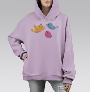 Весенние птички, Hoodie Mono Fiolet, оверсайз, утепленная