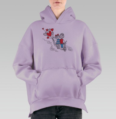 Влюбленная пара на скутере с сердечными шариками вдвоем, Hoodie Oversize Fiolet, утепленная