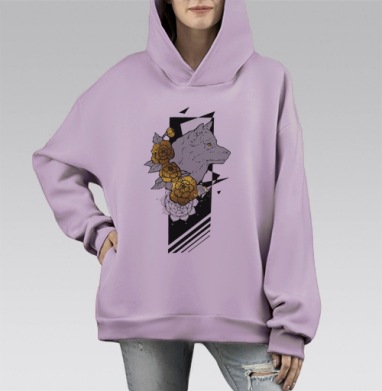 Волк в золотых цветах, Hoodie Mono Fiolet, оверсайз, утепленная