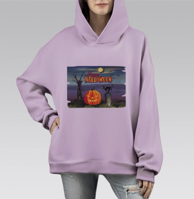 Веселая хэллоуинская ночь с тыквой и котом, Hoodie Mono Fiolet, оверсайз, утепленная
