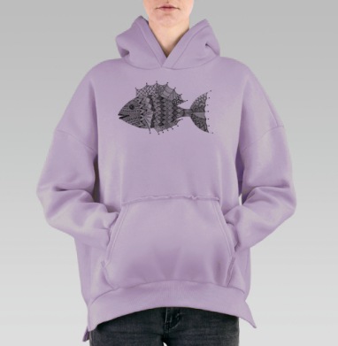 Хитрая рыба с орнаментами в черно белом стиле, Hoodie Oversize Fiolet, утепленная