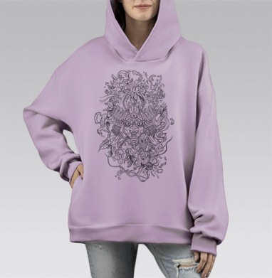 Японская маска с драконом - линия, Hoodie Mono Fiolet, оверсайз, утепленная
