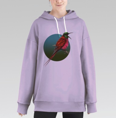 Яркая птица на ветке в акварельном стиле, Hoodie Long Oversize Fiolet