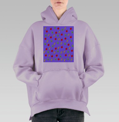Яркие яблоки бананы авокадо паттерн на фиолетовом фоне, Hoodie Oversize Fiolet, утепленная