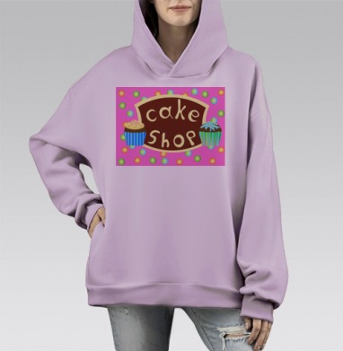 Яркий веселый рекламный щит кондитерской с кексами cake shop, Hoodie Mono Fiolet, оверсайз, утепленная