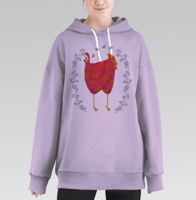 Ярко-красная курица с белыми пятнами в акварели, Hoodie Long Oversize Fiolet