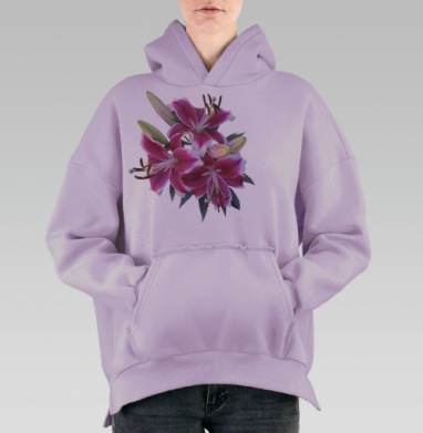 Ярко розовые лилии с белыми лепестками и зелеными листьями, Hoodie Oversize Fiolet, утепленная