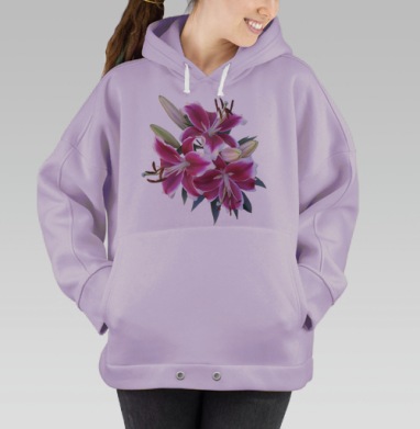Ярко розовые лилии с белыми лепестками и зелеными листьями, Hoodie Oversize Fiolet