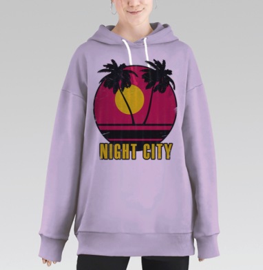 Закат вечер пальмы город Night City, Hoodie Long Oversize Fiolet