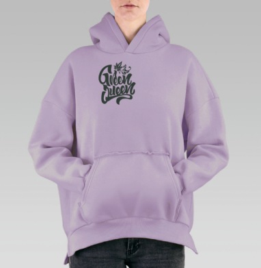 Зеленая королева листья графический каллиграфия современные линии, Hoodie Oversize Fiolet, утепленная