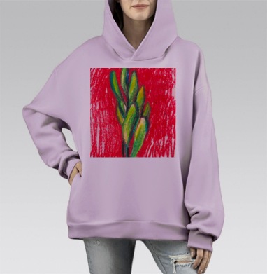 Зеленый цветок на красном, Hoodie Mono Fiolet, оверсайз, утепленная