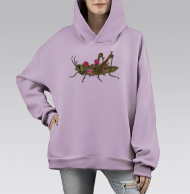 Зелёный кузнечик с яркими цветами на теле в спокойствии, Hoodie Mono Fiolet, оверсайз, утепленная