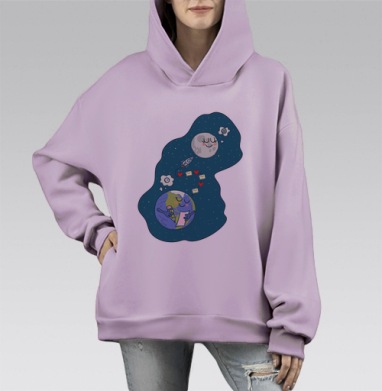 Земля пишет письмо Луне в любви сердца на космосе, Hoodie Mono Fiolet, оверсайз, утепленная