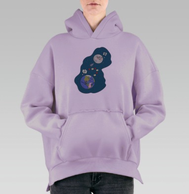 Земля пишет письмо Луне в любви сердца на космосе, Hoodie Oversize Fiolet, утепленная