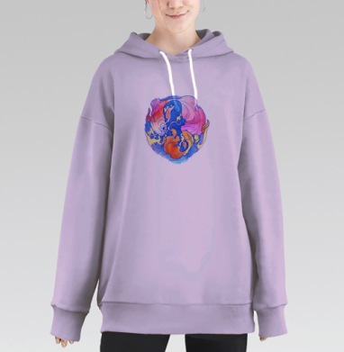 Золотые рыбы синие волны и плавное движение, Hoodie Long Oversize Fiolet