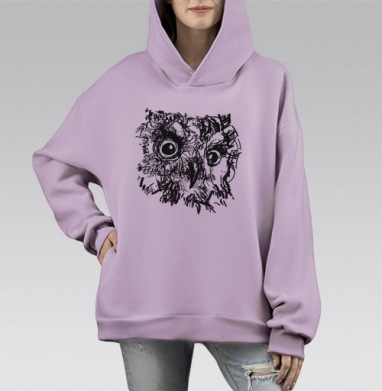 Абстрактный рисунок головы совы в черно-белом стиле, Hoodie Mono Fiolet, оверсайз, утепленная