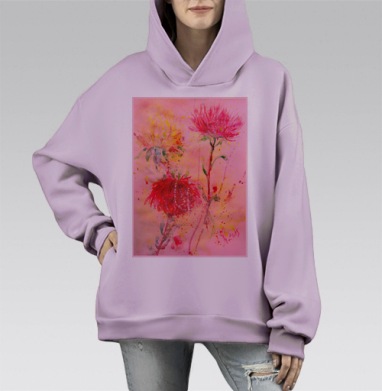 Акварельные цветы: красные и розовый букет, Hoodie Mono Fiolet, оверсайз, утепленная