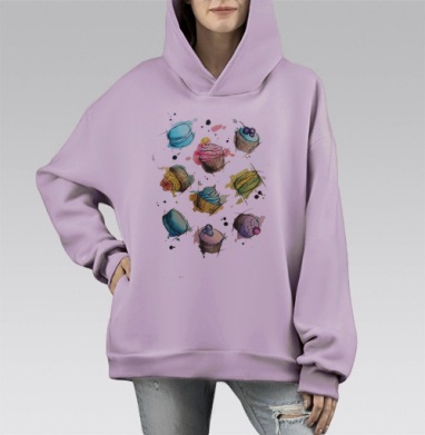Акварельные капкейки и макаронс для настроения, Hoodie Mono Fiolet, оверсайз, утепленная
