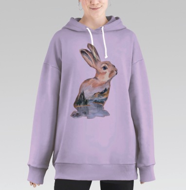 Акварельный кролик с горным пейзажем, Hoodie Long Oversize Fiolet