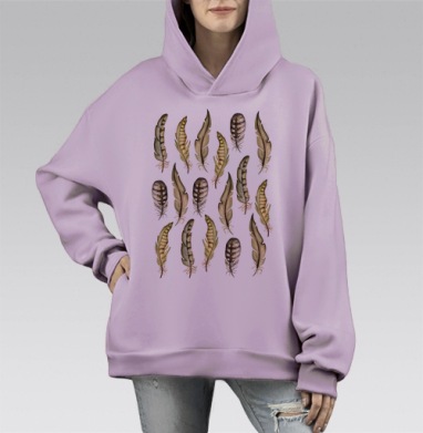Акварельный узор из уникальных перьев, Hoodie Mono Fiolet, оверсайз, утепленная